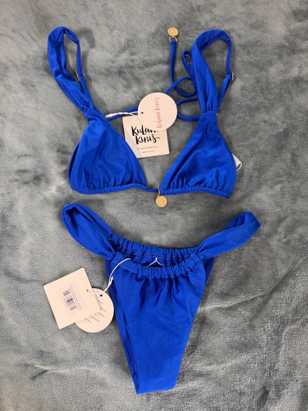 Kulani Kinis Royal Blue Triangle Bikini Set with Gold Coin Detail